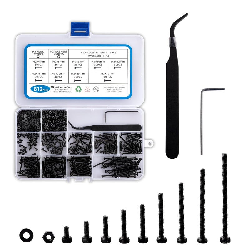 MklusiveTech 812 Pcs M2 Screw Kit 12.9 Grade High Strength Carbon Steel M2X4mm 6mm 8mm 10mm 12mm 16mm 20mm 25mm 30mm Black Complete Set Screw Assortment with Metric Bolt Assortment Nuts and Bolts - Image 1